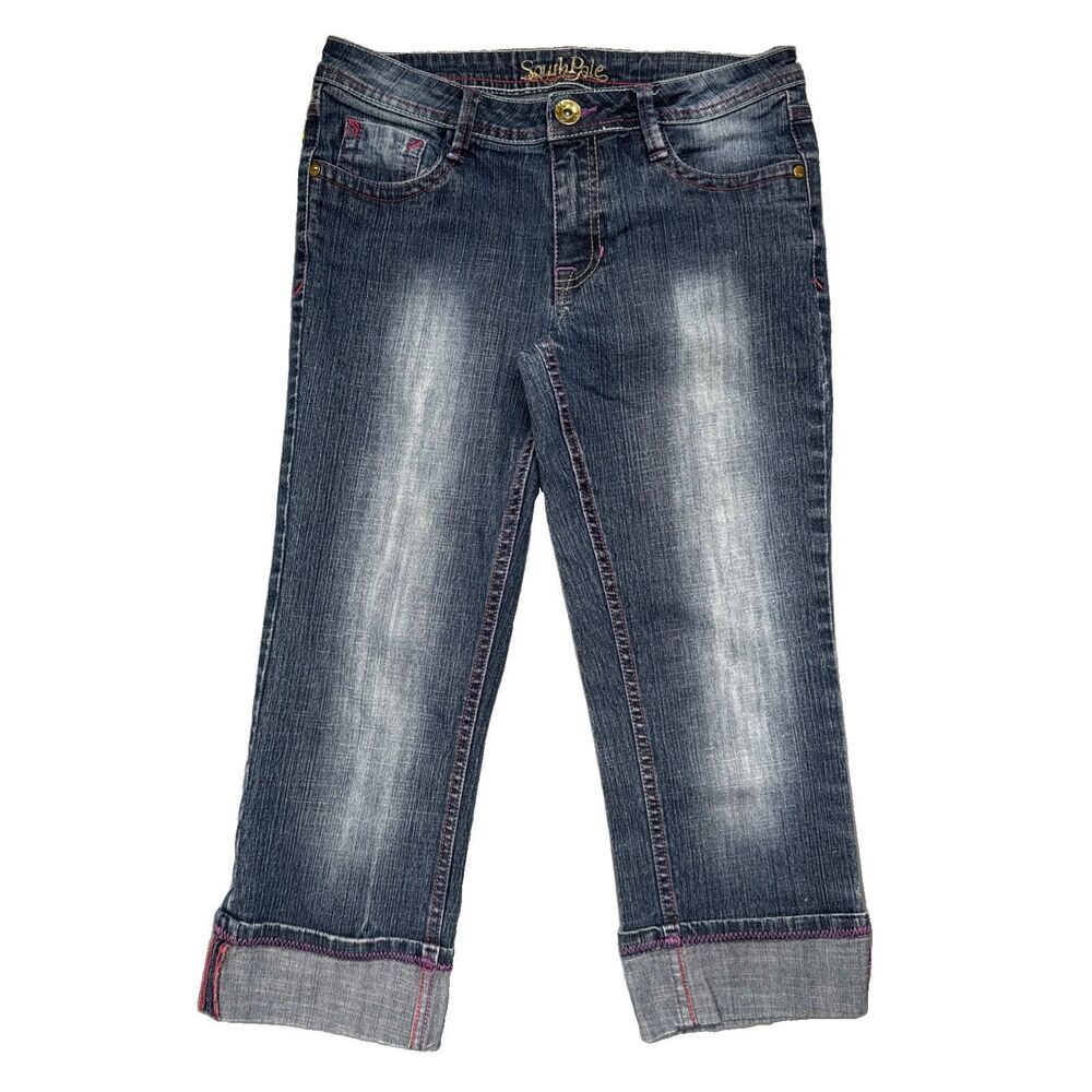 Southpole Crop Capri Jeans 7 (28x20.5) Blue Denim Stretch Y2K Embroidered Junior